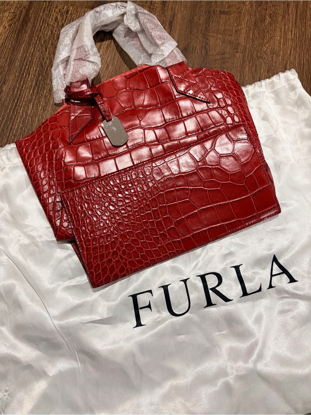 Furla Red Croc-Embossed Satchel with Top Handles